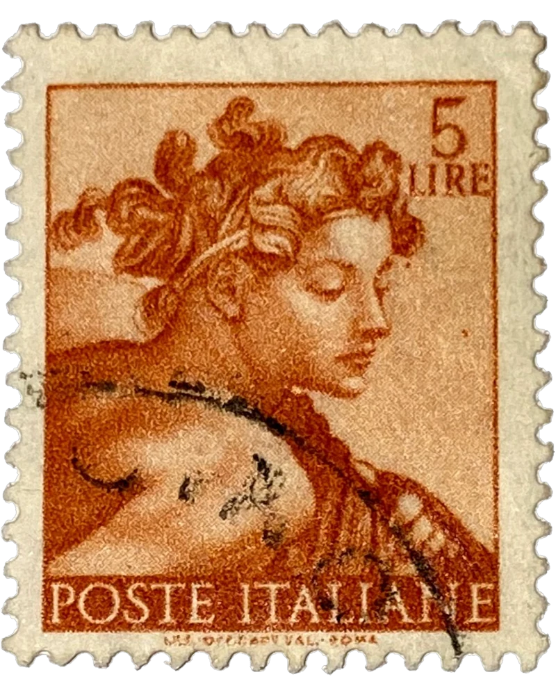 Italian 5 lire stamp in orange-brown: a Michelangelo sibyl, Poste Italiane