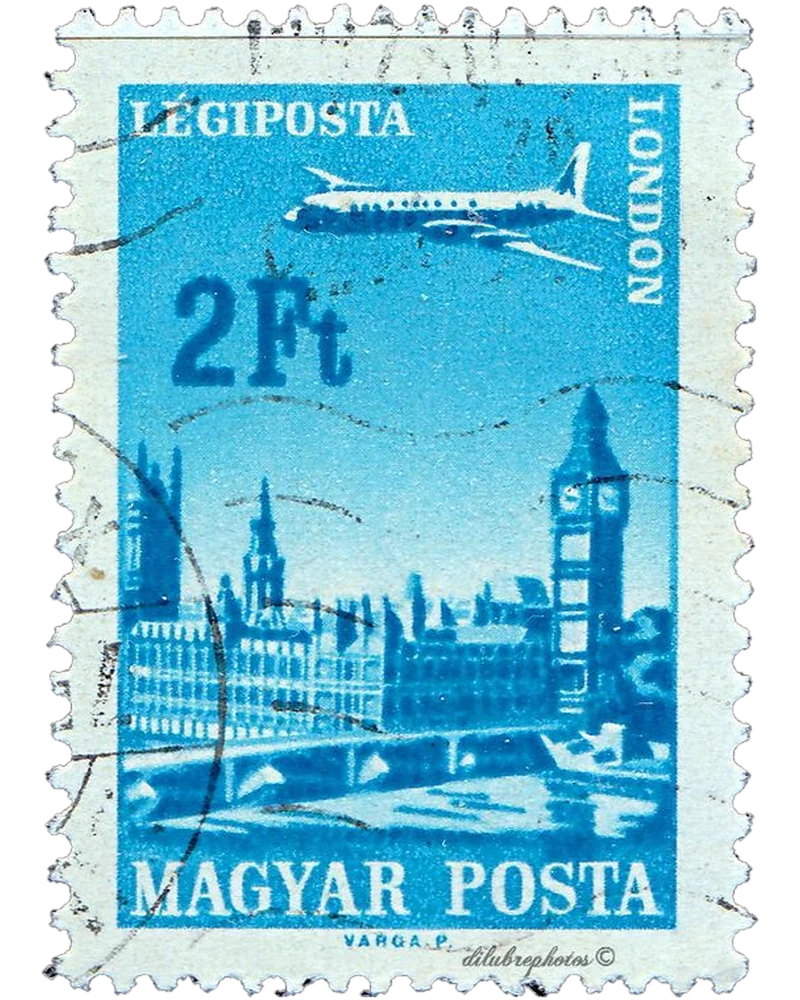 Hungarian airmail stamp: a plane over the Houses of Parliament and Big Ben, London